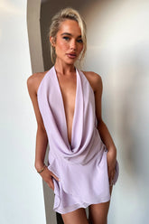 Cleo Plunge Cowl Neck Mini Dress - Lilac